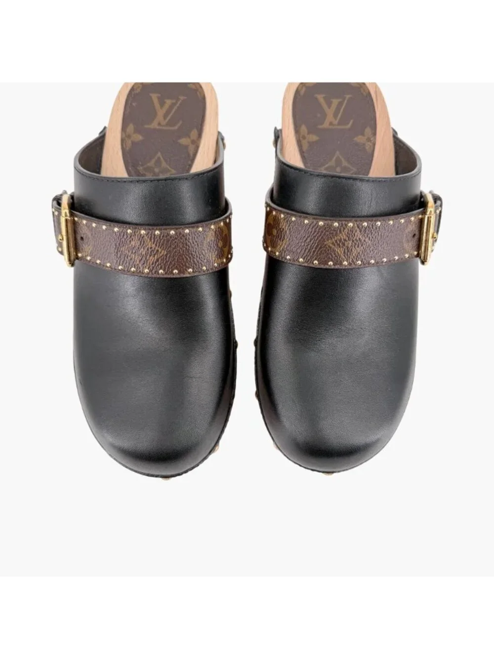 Louis Vuitton LV Cottage Mule Clogs Black Leather Size 39 US 9 Women's Wooden